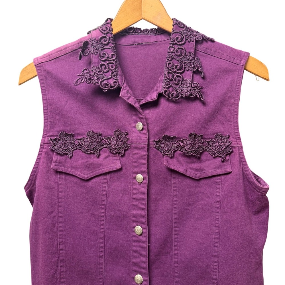 Vintage 90s Boho Medium Lace Cotton Denim Vest Purple Fringe Festival Fairy Goth - Picture 4 of 10